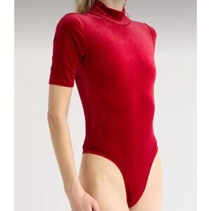 Steve Madden Velvet Mock Neck Bodysuit Top in Dark Red